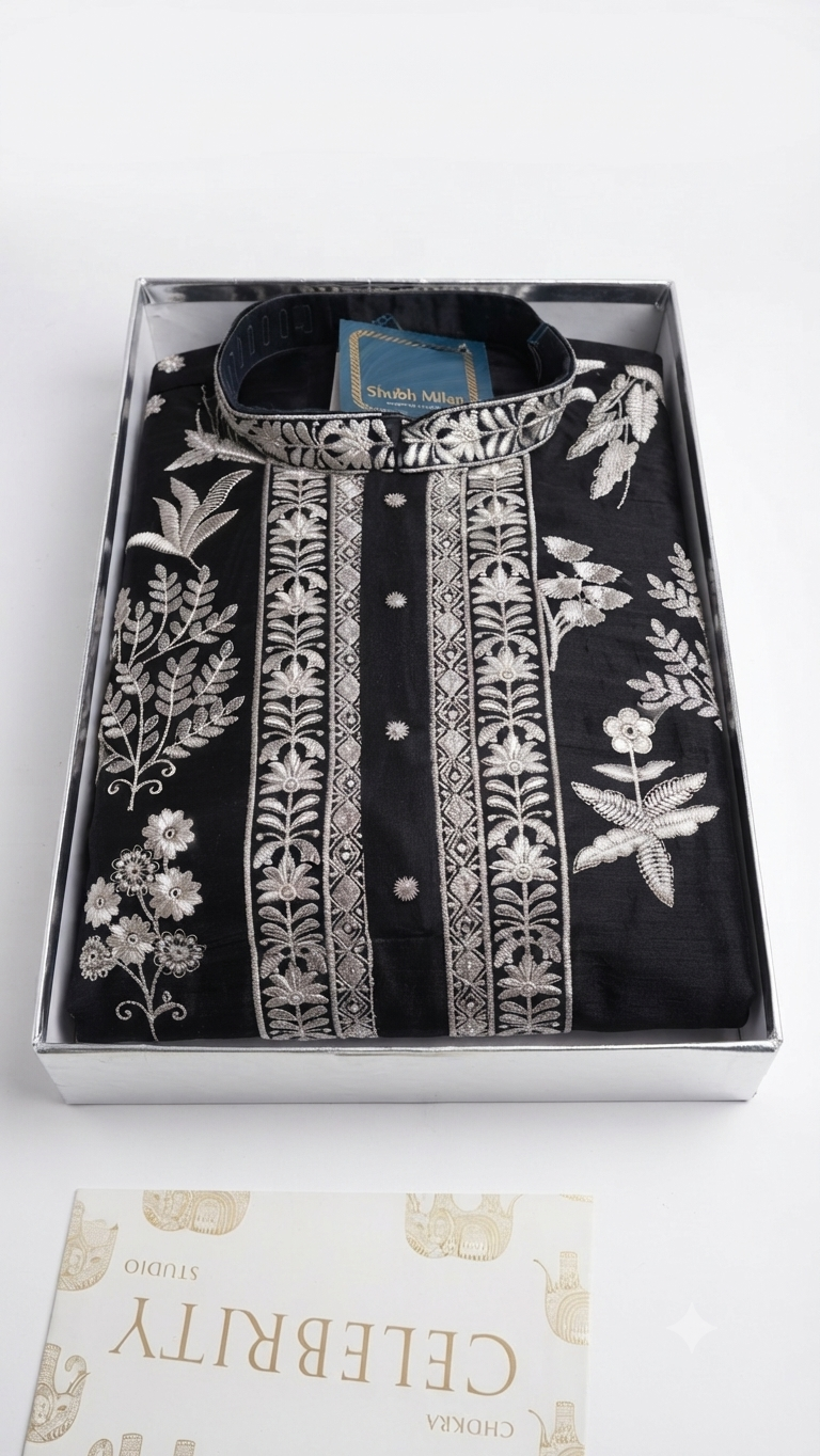 Celebrity Chhakra Black Silk Kurta with Silver Floral Embroidery