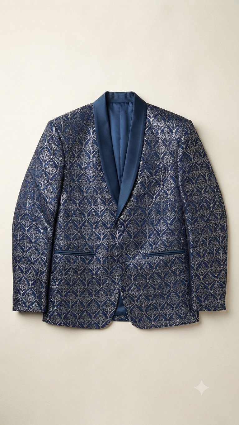 Navy Blue and Silver Jacquard Shawl Lapel Blazer