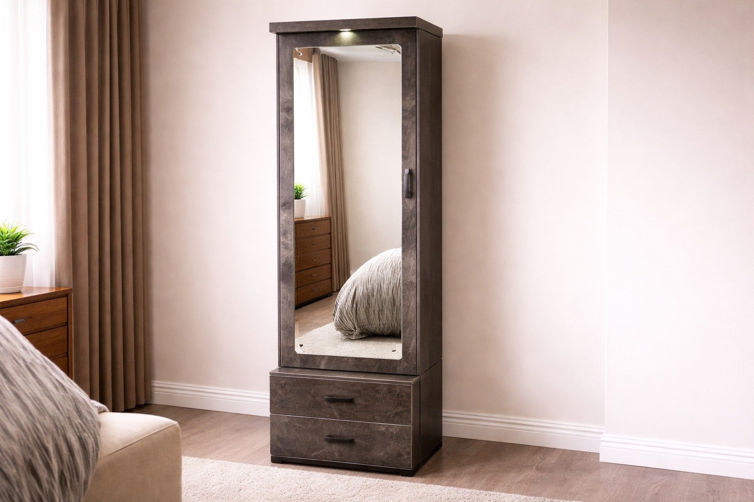 Full-Length Mirrored Jewelry Armoire and Dresser Unit.