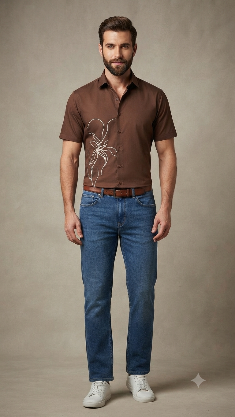 Men's Brown Short-Sleeve Designer Shirt with Floral Embroidery
