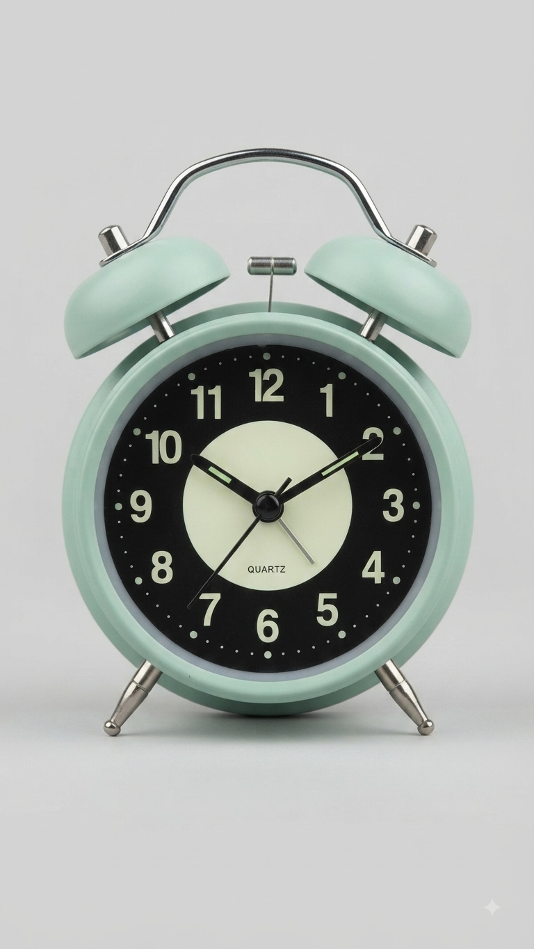 Mint Green Twin-Bell Quartz Alarm Clock (Luminous Dial)