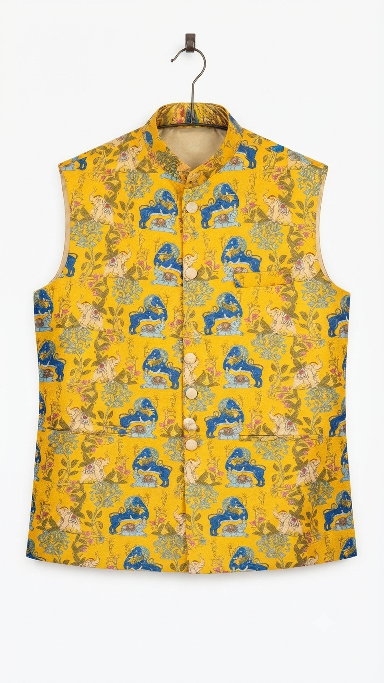 Men's Yellow Mughal-Inspired Elephant and Lion Print Nehru Waistcoat