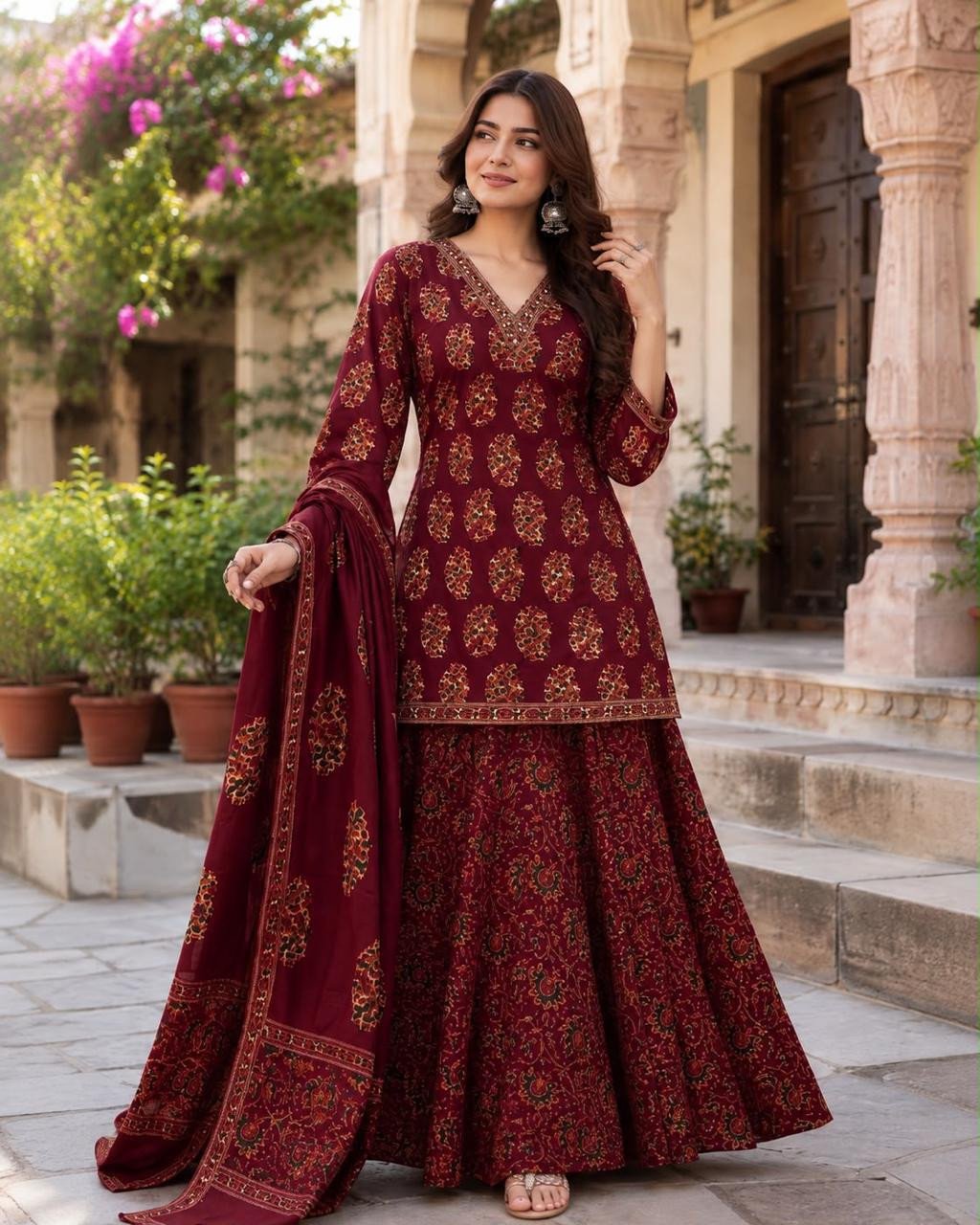 Maroon Printed Kurta Sharara Set with Dupatta