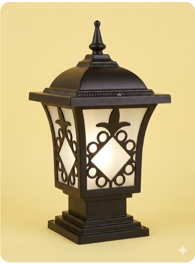 Traditional Square Post Lantern with Ornate Scrollwork (Bollard Mount)