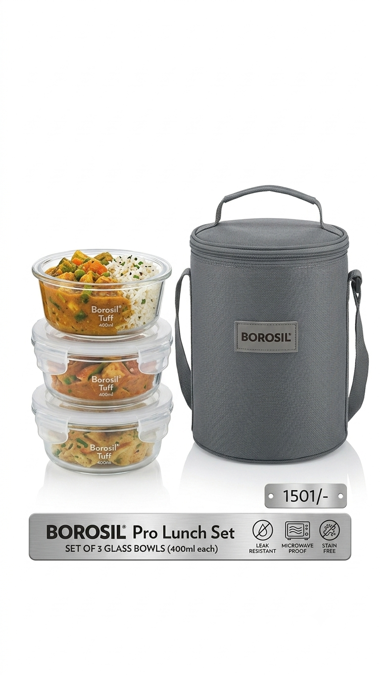 Borosil Pro Lunch Set (Set of 3 Round Glass Bowls)