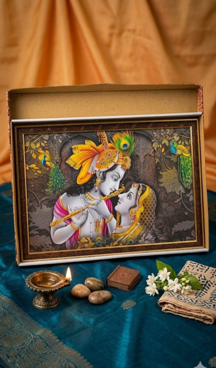 Divine Radha Krishna Monochrome & Gold Textured Framed Artwork