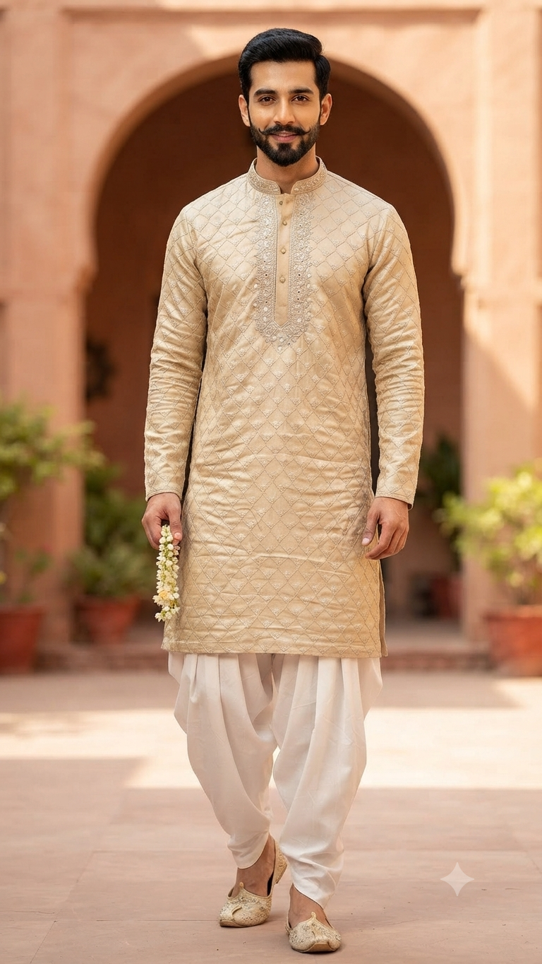 Men's Beige Brocade Kurta and White Dhoti Ensemble