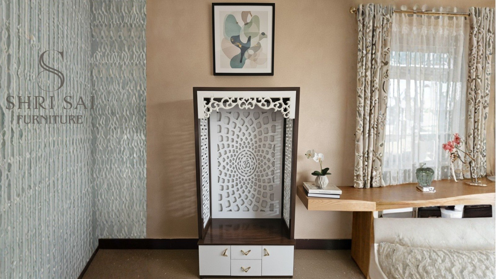 Modern Home Mandir with Intricate Jaali Work