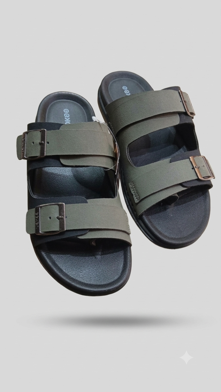 Men's Olive Green Dual-Buckle Strap Sandals with Toe Loop