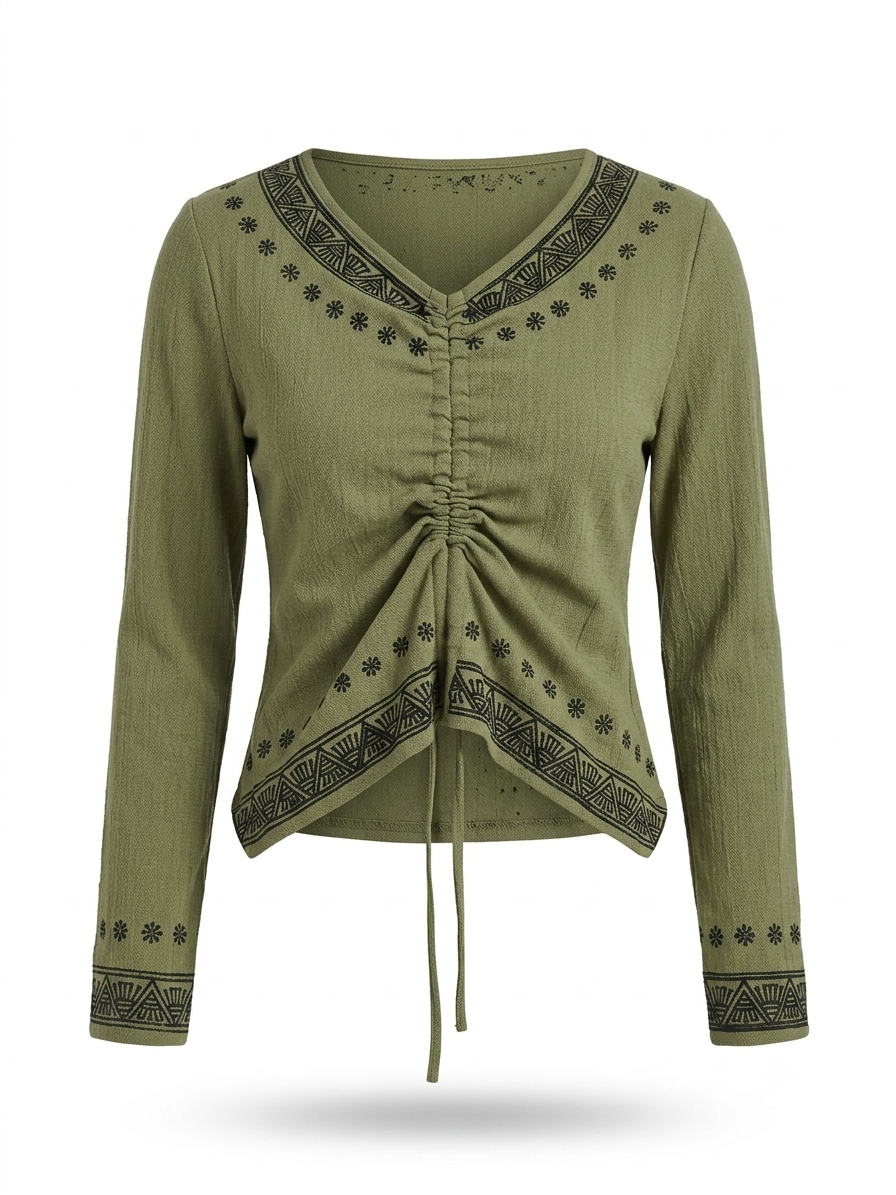 Traditional Tribal-Inspired Ruched Olive Top