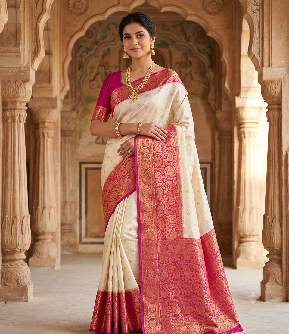 Off-White & Magenta Pink Kanjivaram Silk Saree with Rich Zari Brocade Border
