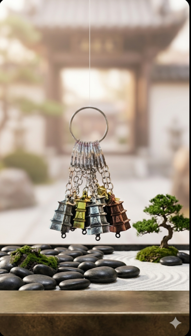 Zen-Style Pagoda Charm Keyring Collection"
