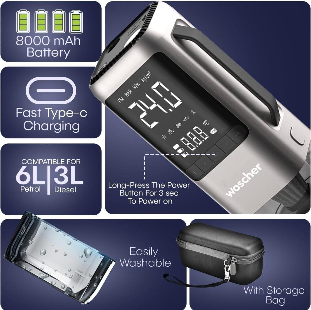 Woscher i5 4-in-1 Multi-Tool Portable Car Tyre Inflator, Jump Starter, Vacuum Cleaner, Blower and Power Bank - Compact and Versatile Car Accessory
