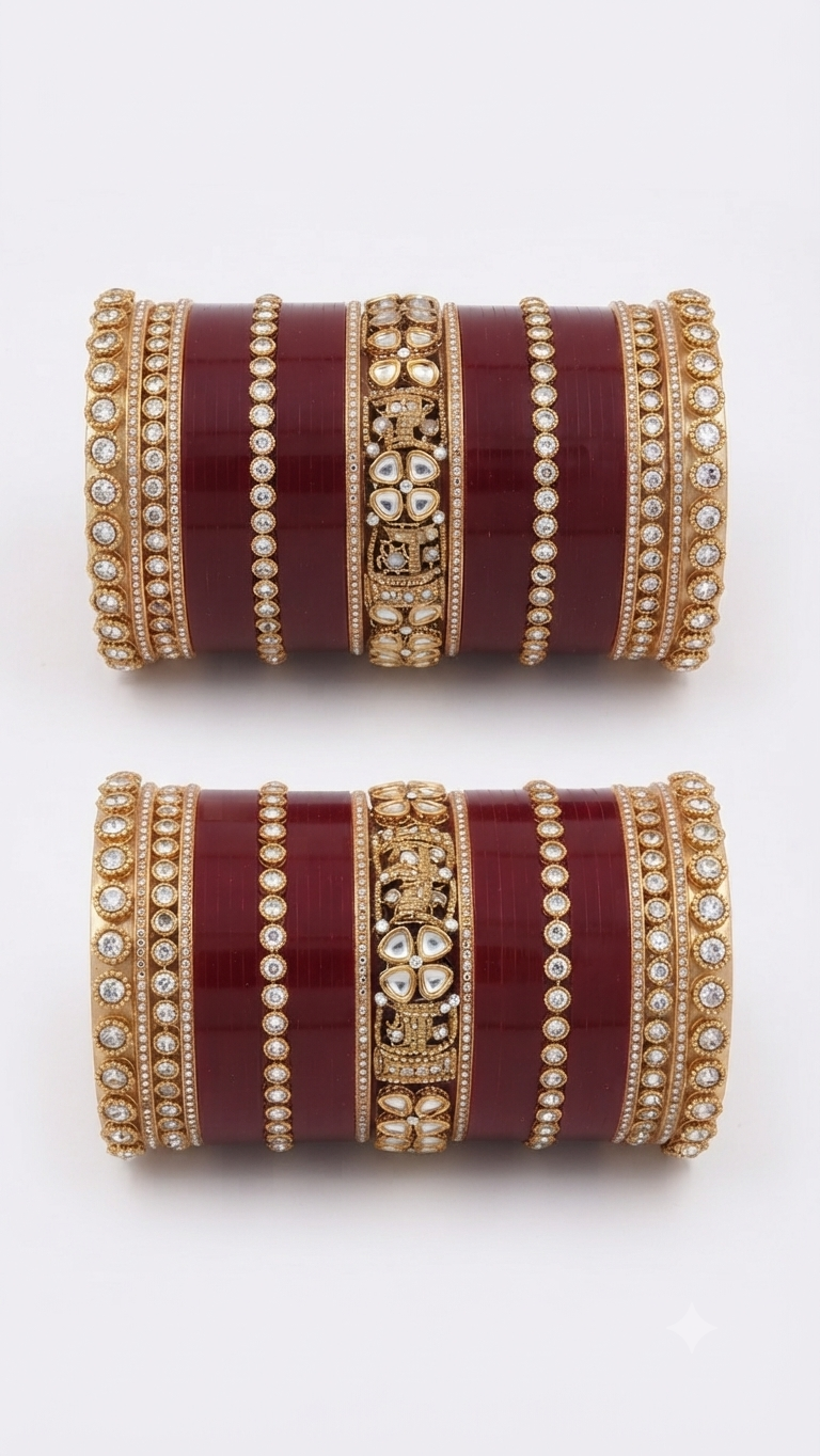 Royal Maroon and Gold Kundan-Style Bridal Chura Set