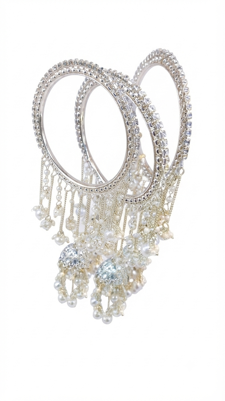 Silver-Plated Rhinestone and Pearl Cascading Bridal Bangles