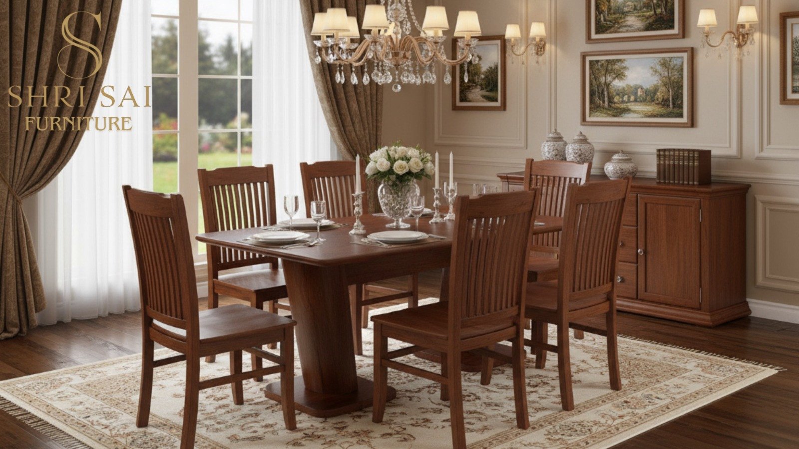 A DARK WOOD DINNING TABLE