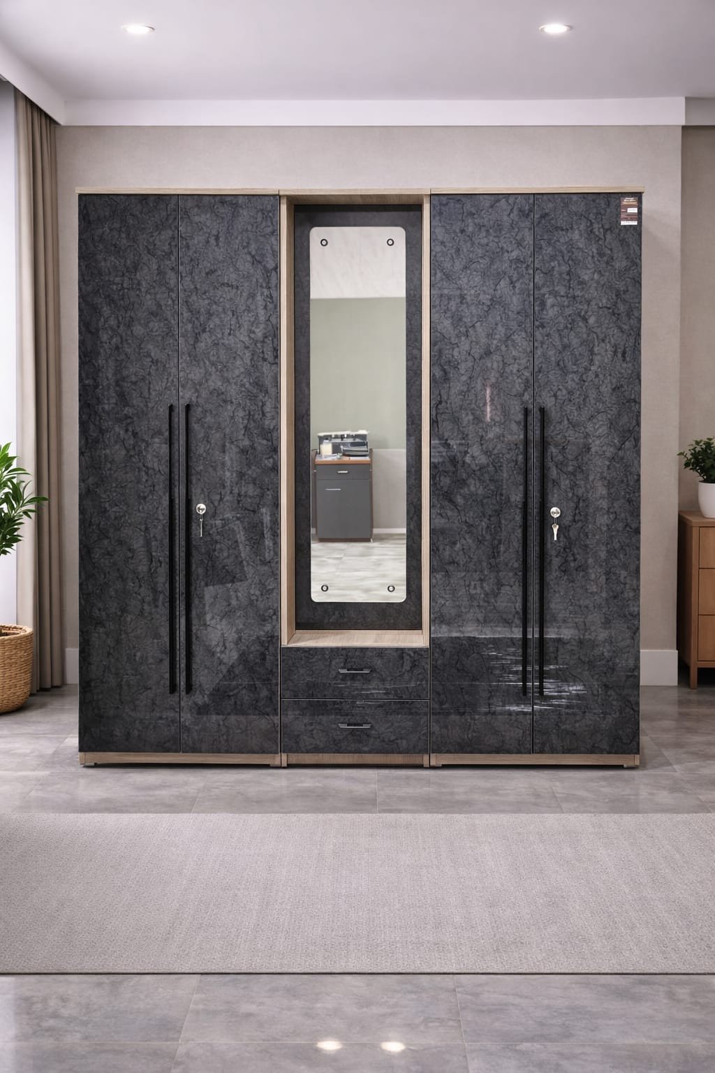 Modern 4-Door Wardrobe with Central Mirror and Textured Finish