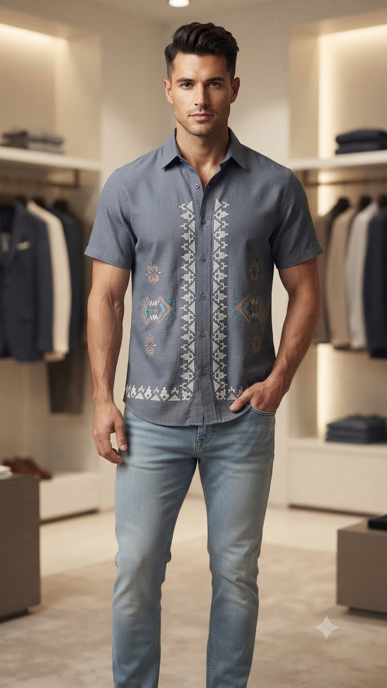 Men's Blue Guayabera-Style Short-Sleeve Shirt and jeans