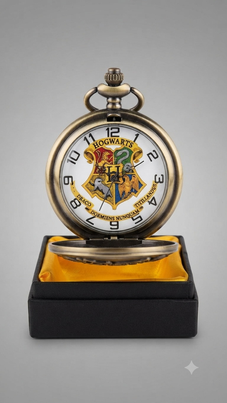 Hogwarts School Crest Antique Brass Pocket Watch in Presentation Box