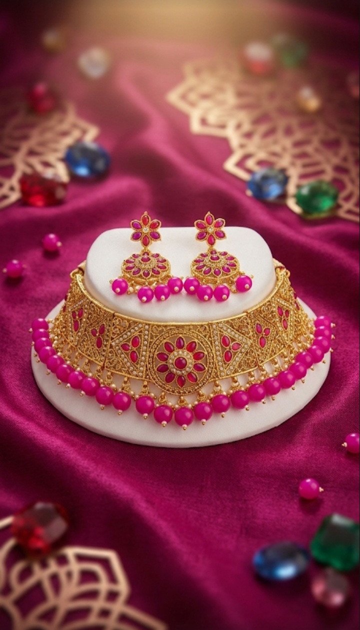 Traditional Gold-Plated Kundan and Pink Bead Choker Set