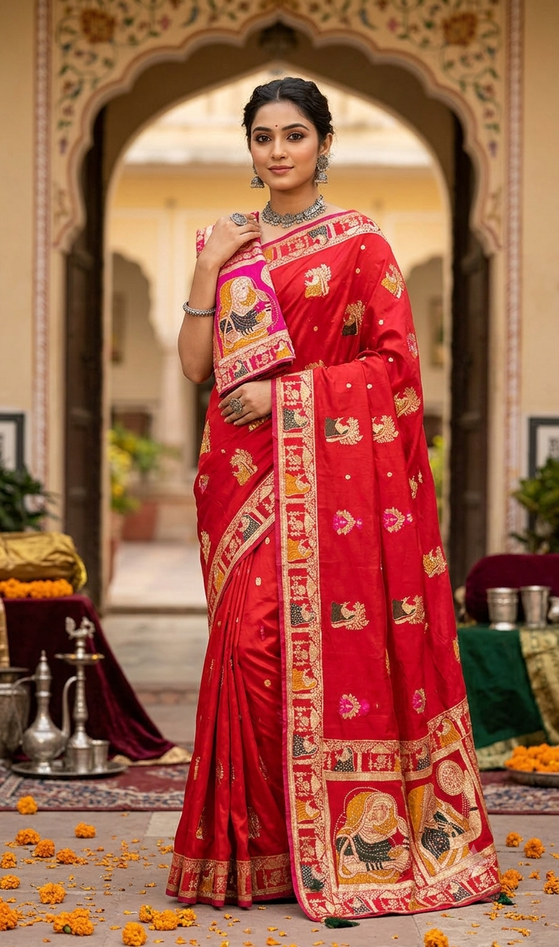 Traditional Red Silk Saree with Pithori / Karwa Chauth Special Design & Designer Blouse Piece