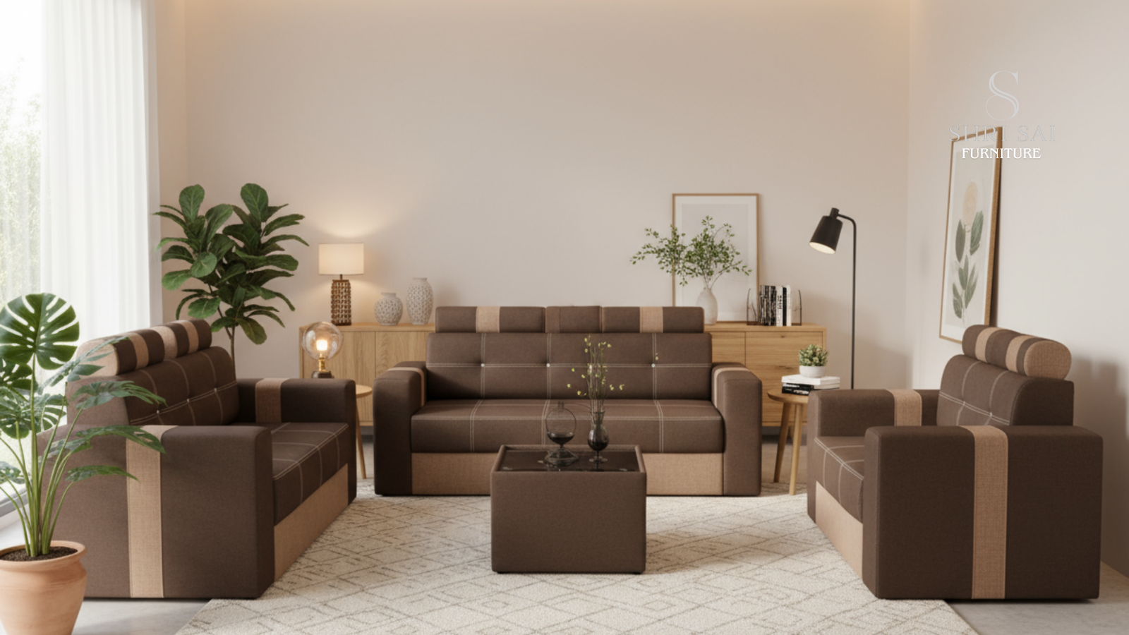 Shri Sai Furniture 'Sienna' Modern Two-Tone Earth-Brown 6-Seater Sofa Set