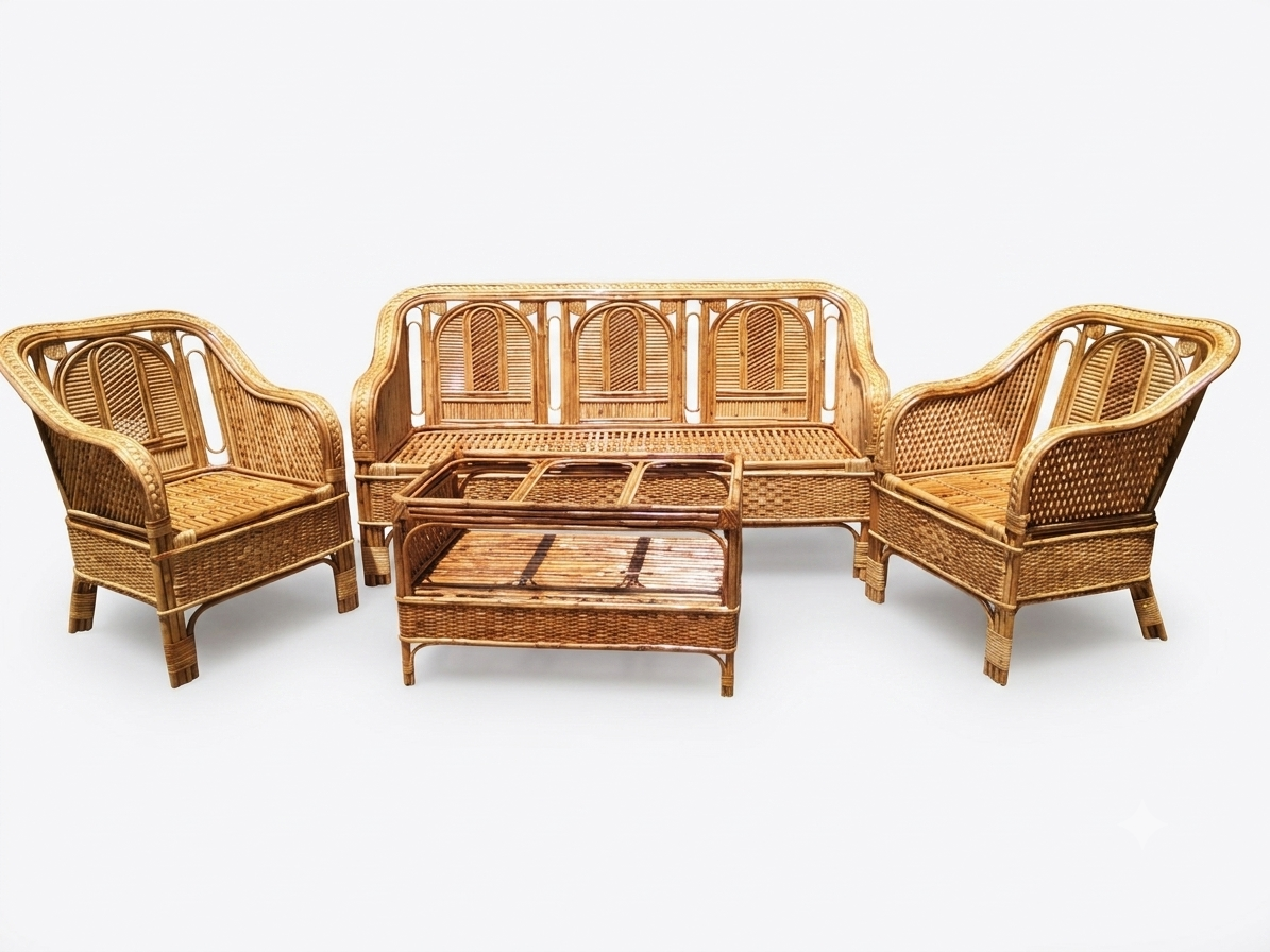 Classic Arched-Panel Cane (Rattan) Living Room Suite