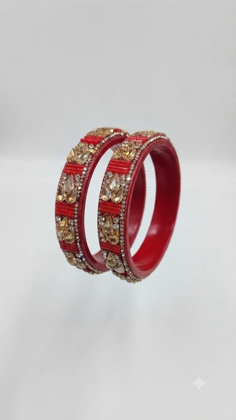 Shimmering Champagne Stone & Bead Red Bangle Set