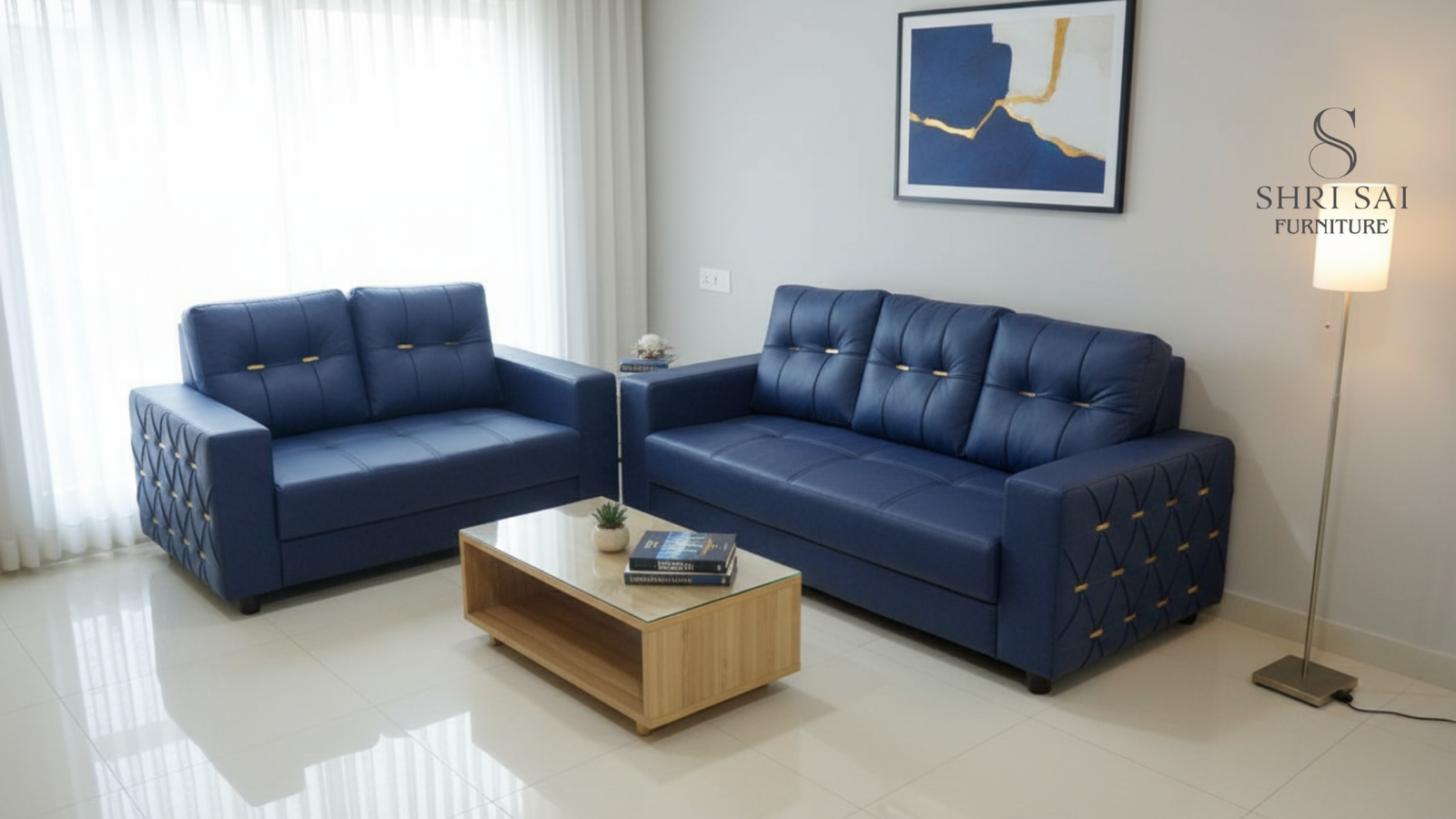 Shri Sai Furniture 'Oceanic' Luxury Royal Blue Leatherette Sofa Set
