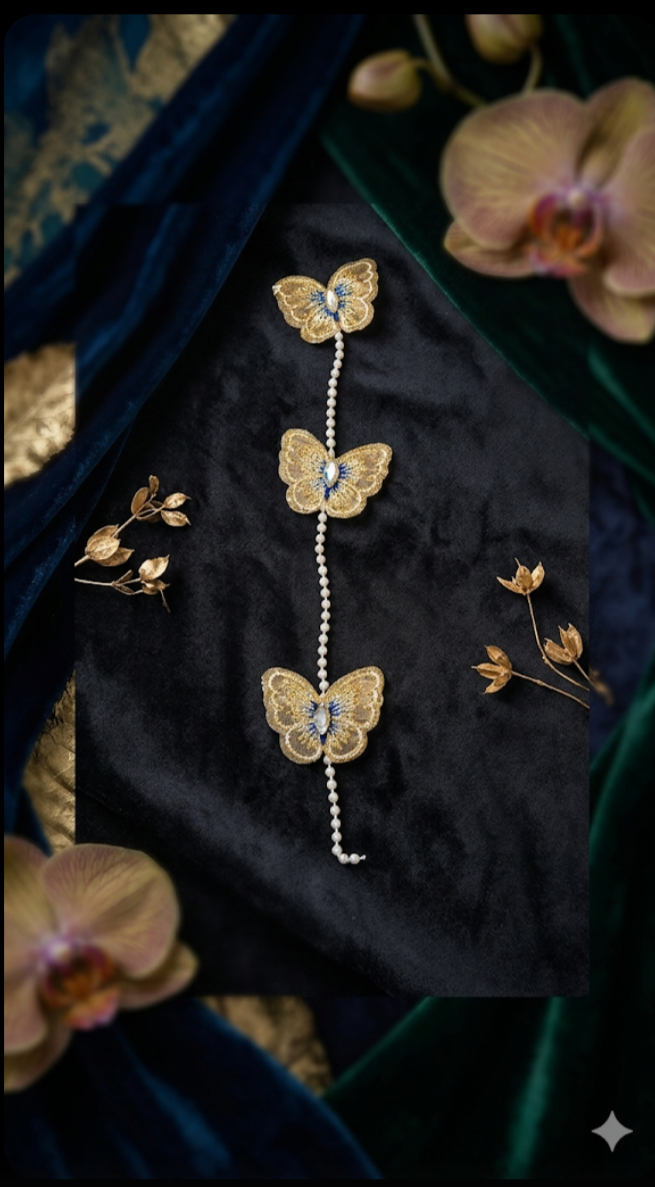 three embroidered butterfly ornaments