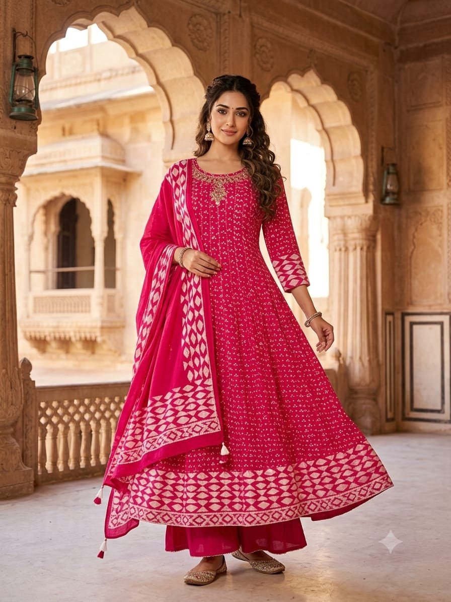 Rani Pink Bandhani Anarkali Suit Set with Palazzo & Dupatta