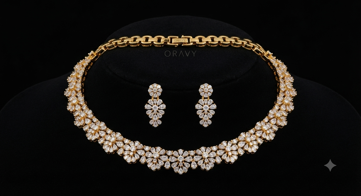 Oravy Gold-Plated Floral Cluster Diamond-Simulant Necklace and Earring Set