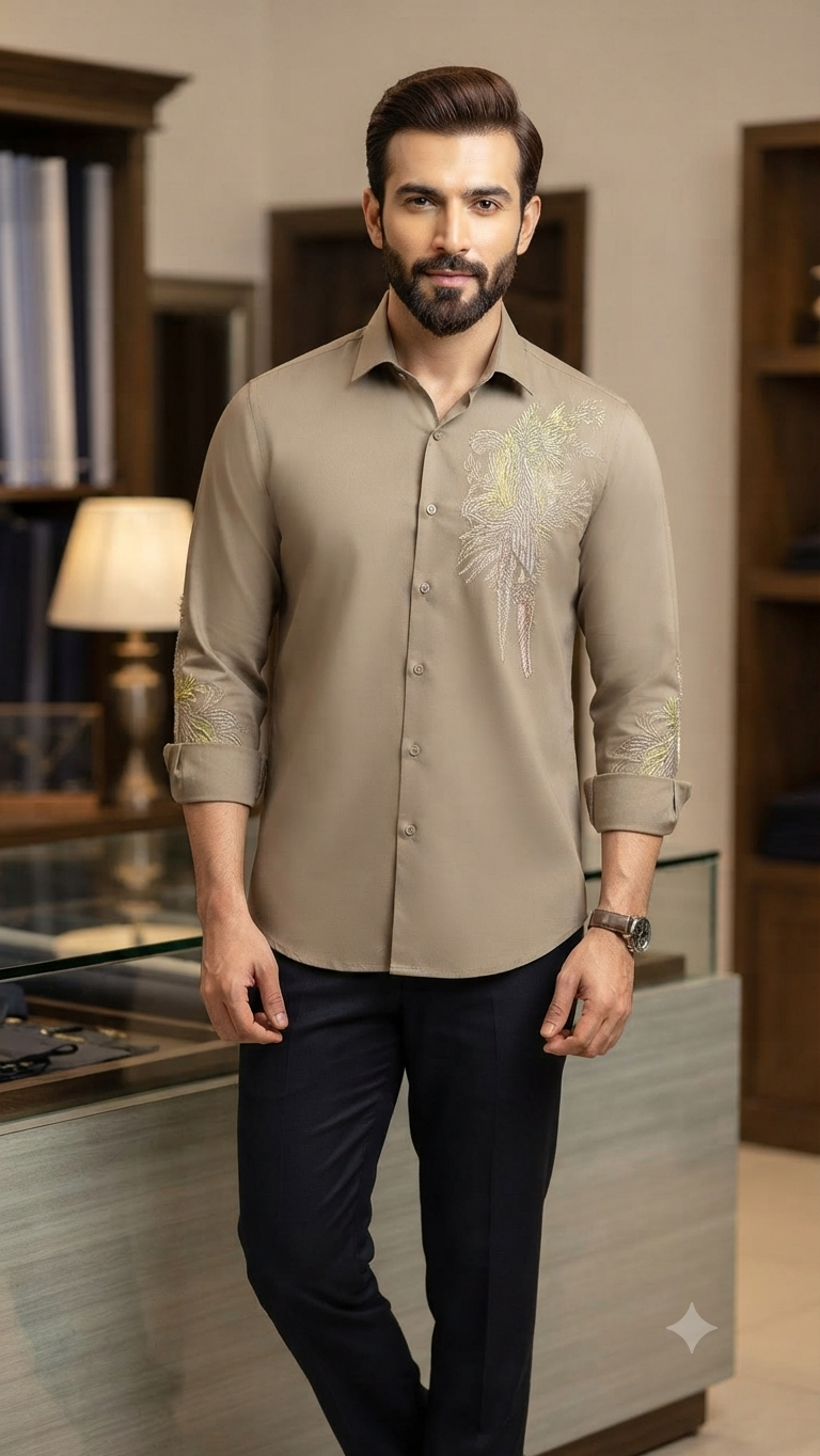 Men's Taupe Long-Sleeve Designer Shirt with Floral Embroidery