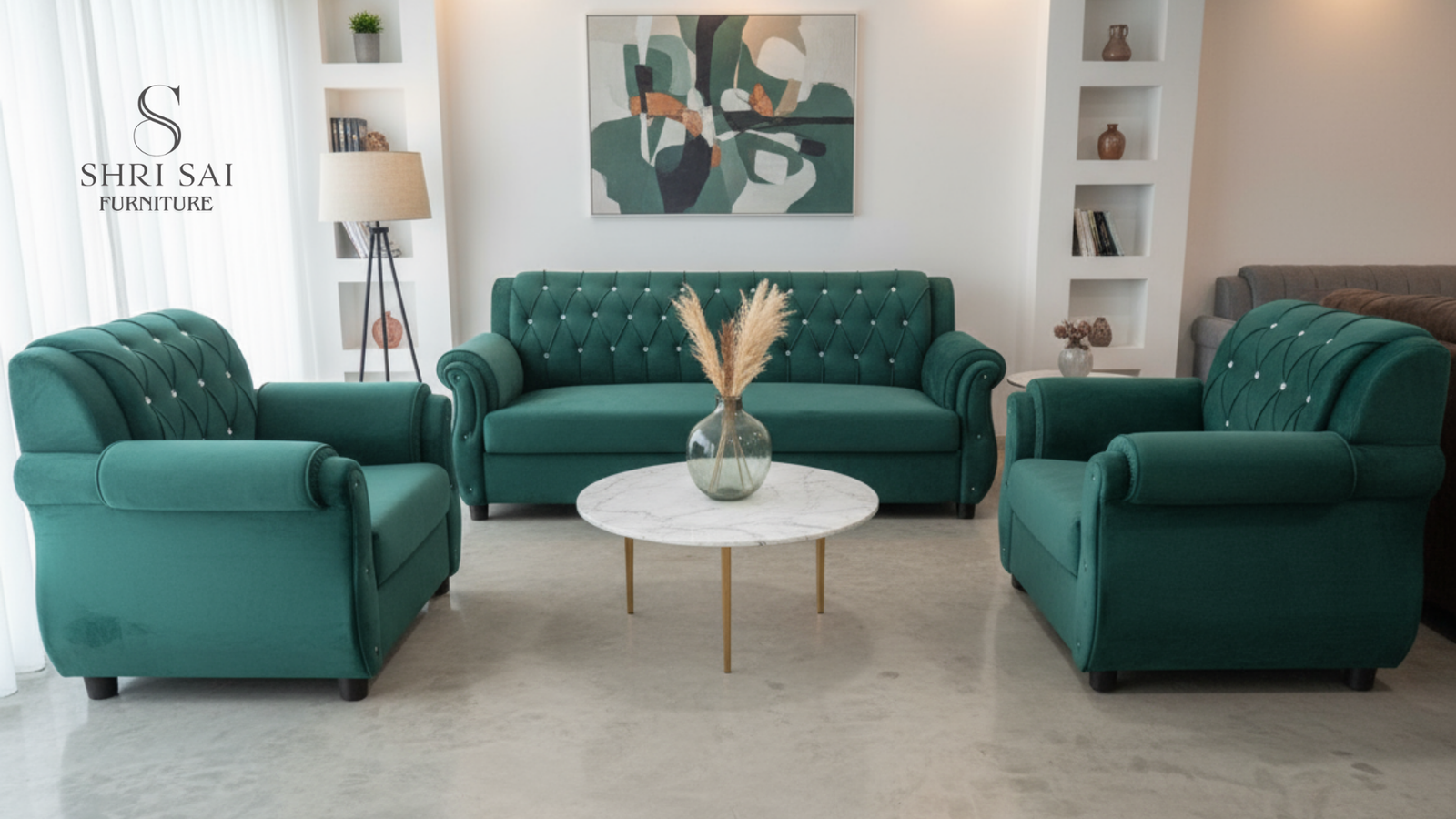 Shri Sai Furniture 'Emerald Royale' Premium 5-Seater Velvet Sofa Set