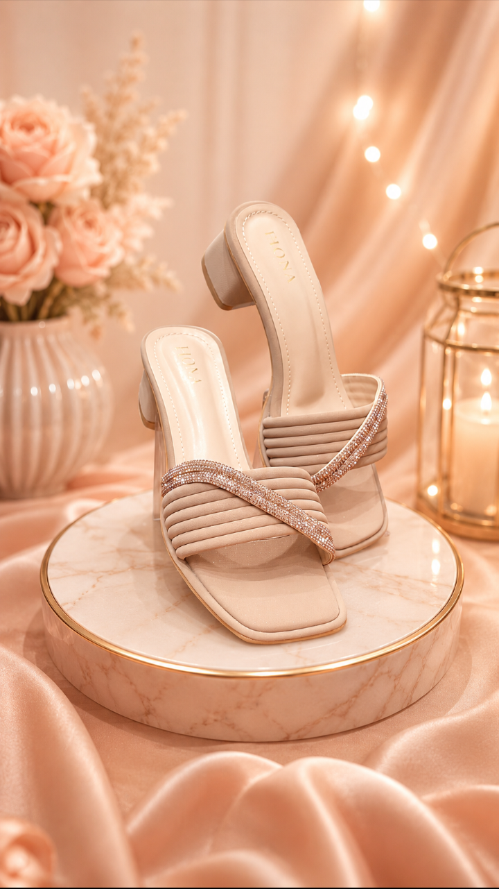 Premium Nude Rhinestone Block Heels