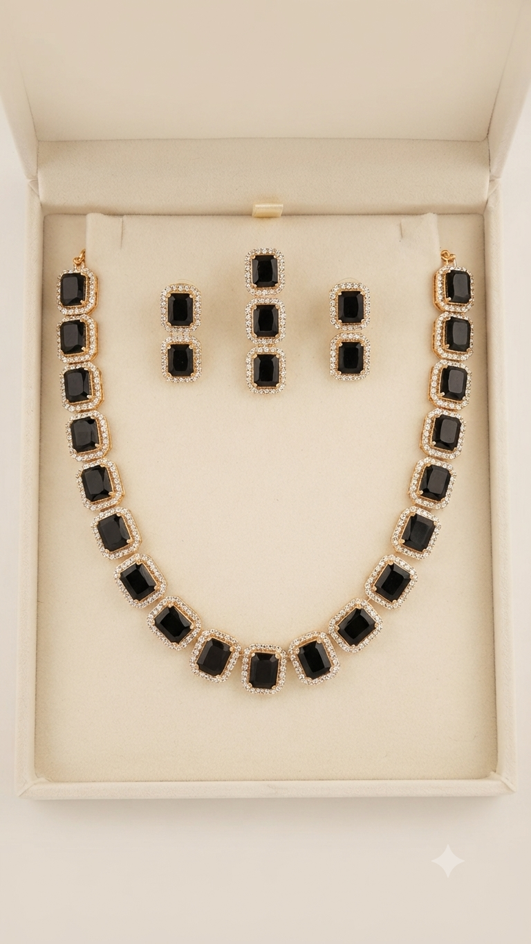 Gold-Tone Emerald-Cut Black Onyx and Crystal Halo Jewelry Set