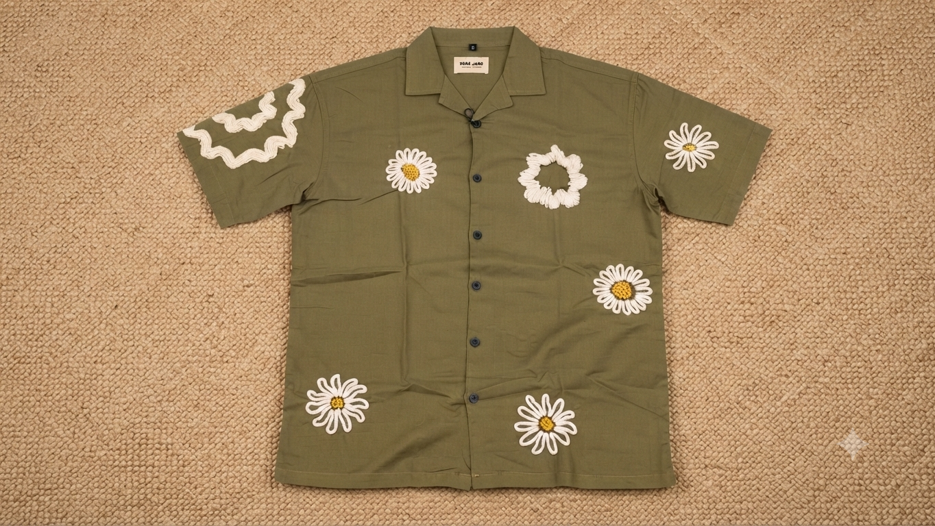 Olive Green Floral Embroidered Short-Sleeve Shirt