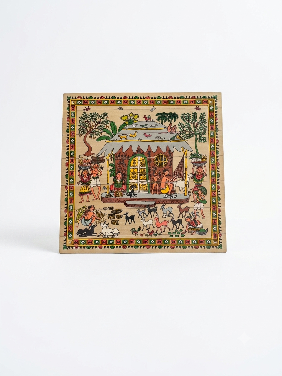 Traditional Madhubani Folk Art – Village Life Scene