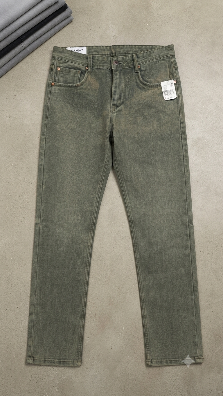 Men's Washed Olive-Green Straight-Fit Denim Jeans