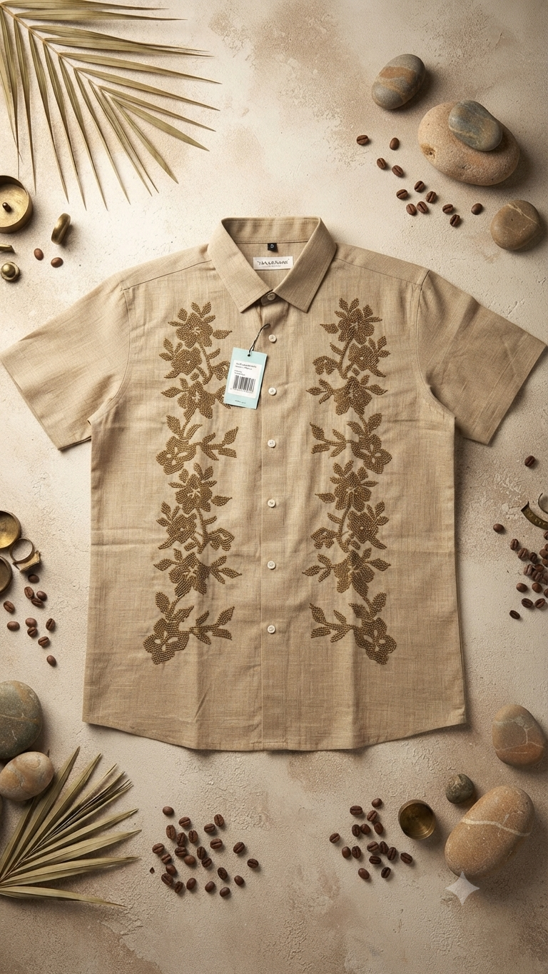Beaded Guayabera-Style Short-Sleeve Shirt