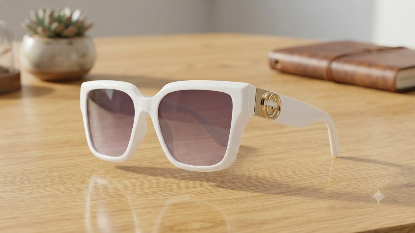 Gucci Oversized White Geometric Sunglasses with Gold Interlocking G