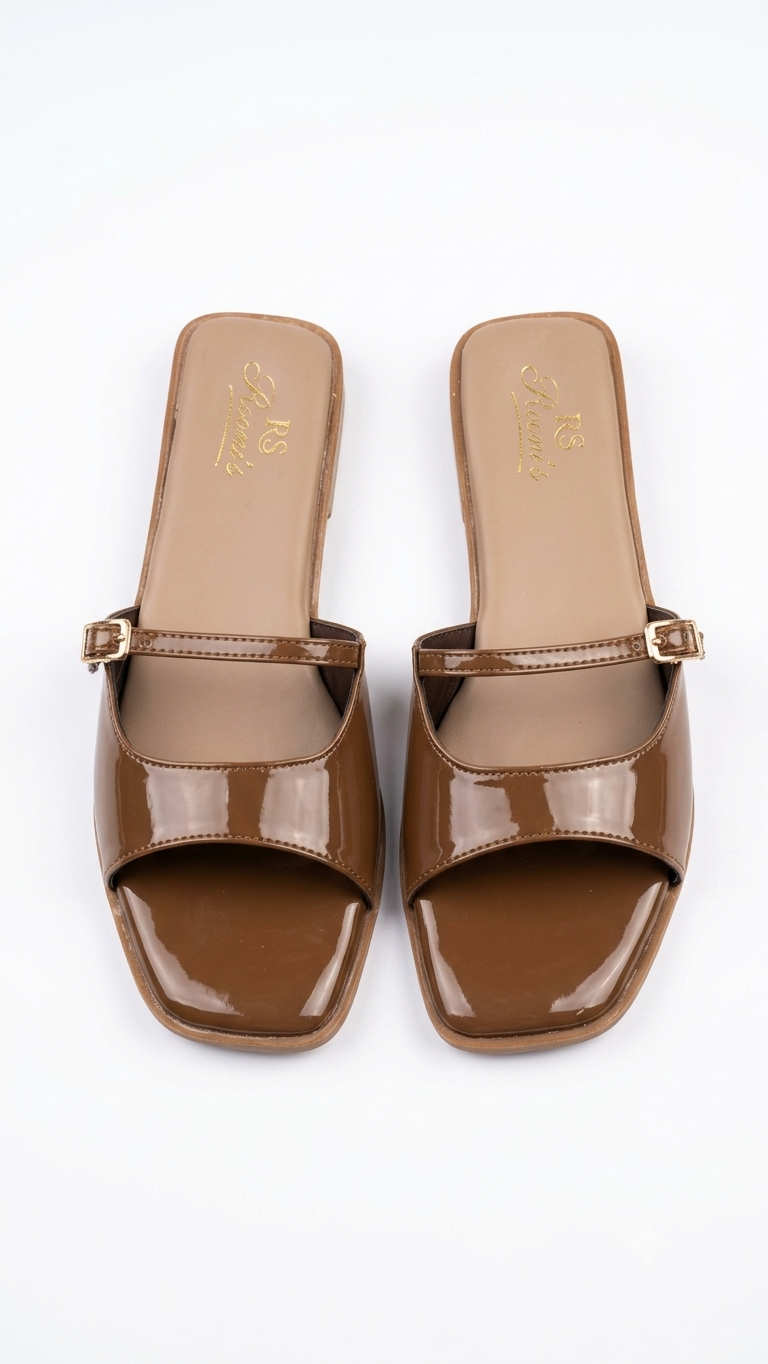 Women’s Glossy Tan Square-Toe Flat Slide Sandals with Buckle Strap