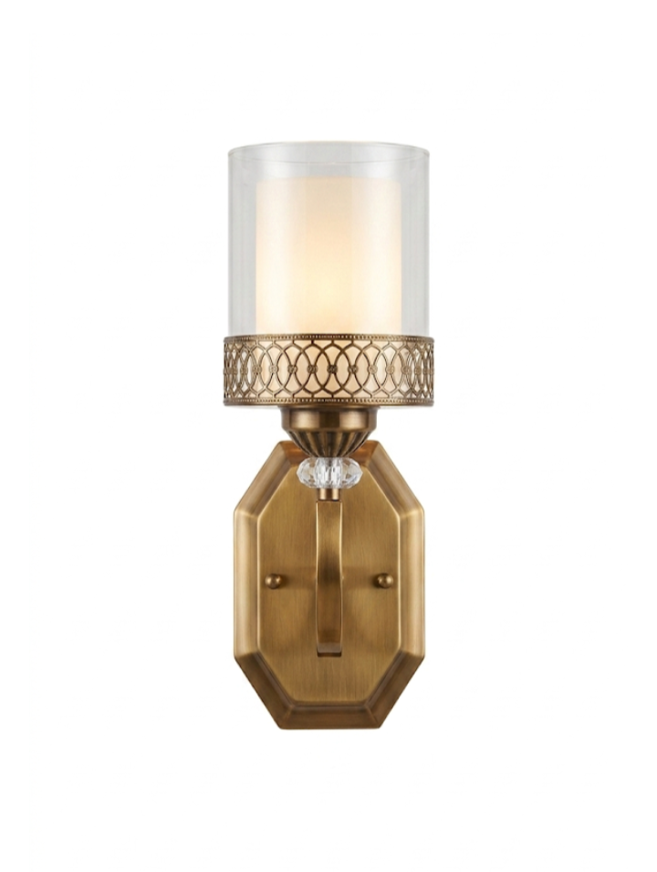 Antique Brass Lattice Wall Sconce with Dual-Layer Glass Shade.