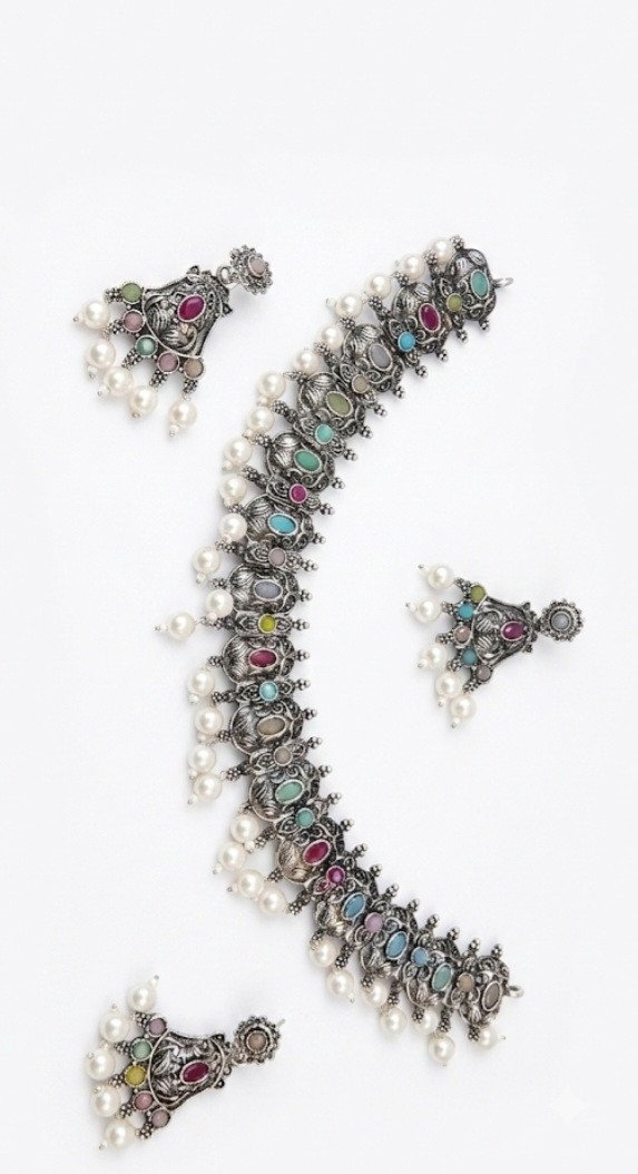 Navaratna-Style Oxidized Choker & Earring Set