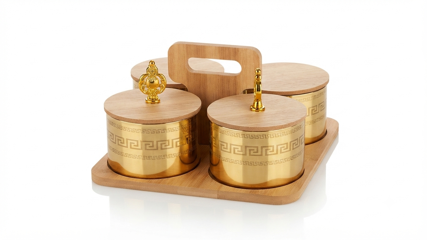4-Piece Gold Canister Set with Wooden Caddy and Lids