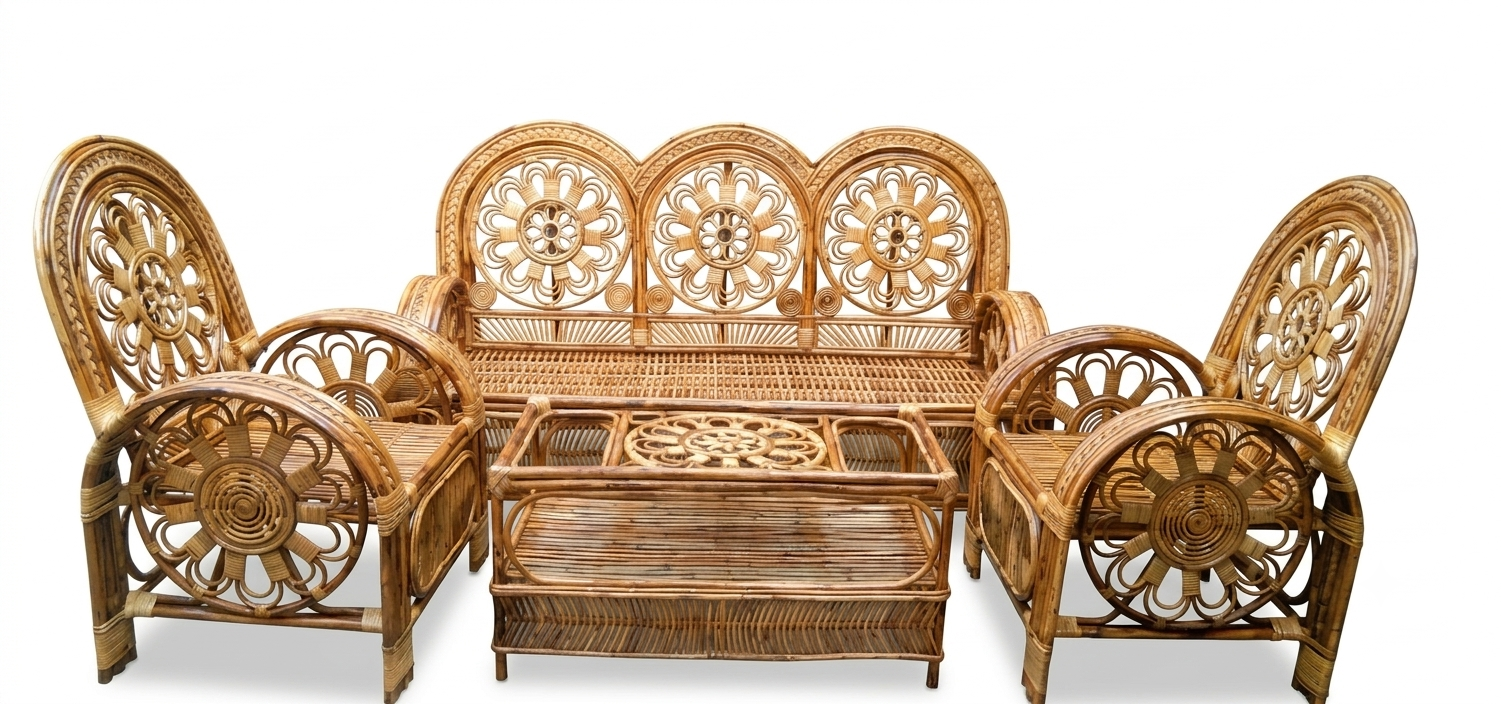 Floral Motif Rattan Sofa Set