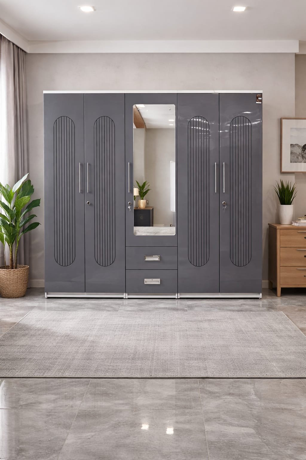 Modern 5-Door High-Gloss Wardrobe with Fluted Accents