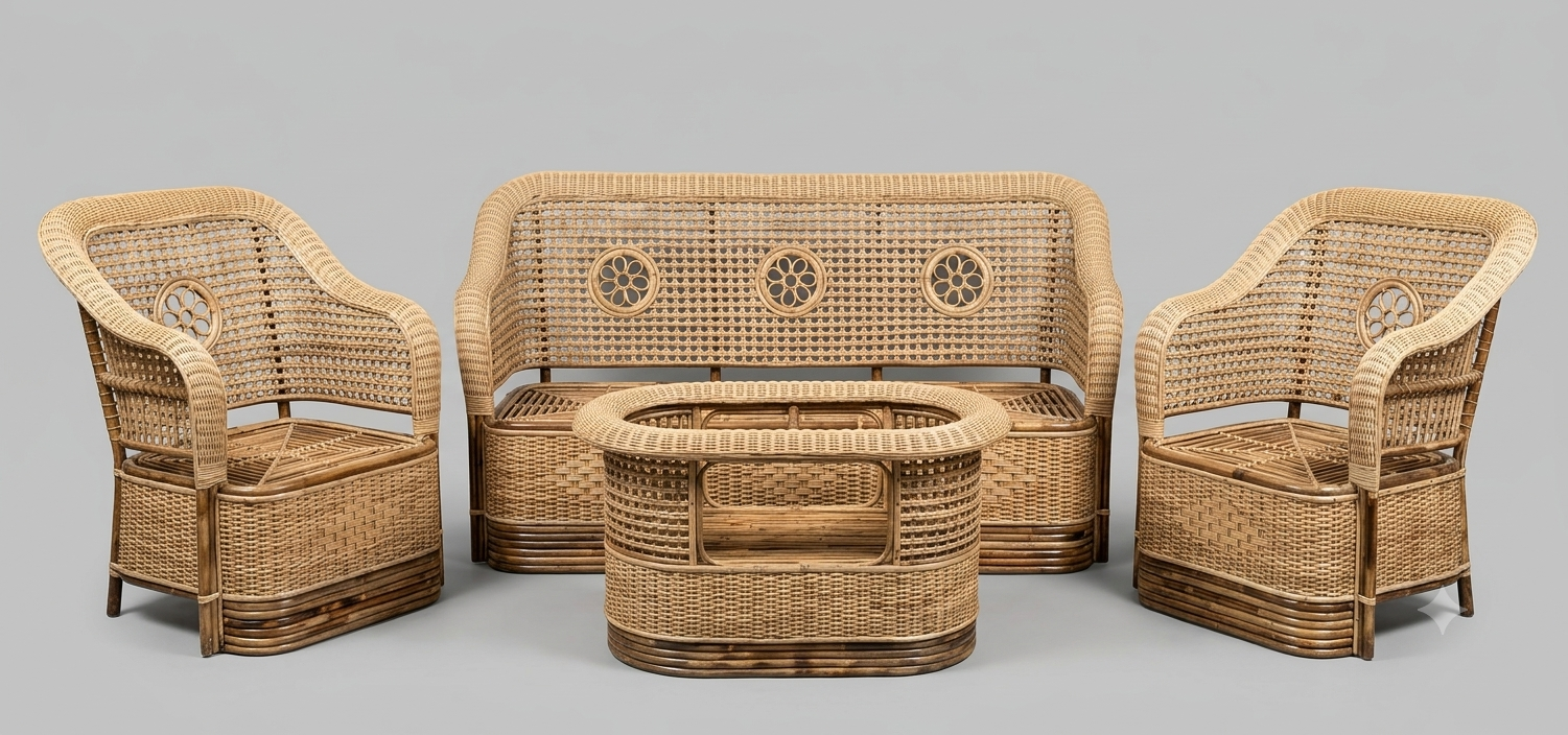 Contemporary Round-Back Woven Cane (Rattan) Coffee Set