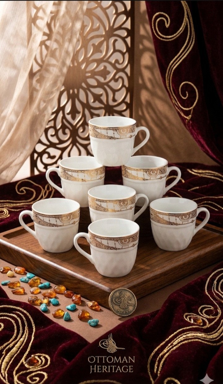 Ottoman Heritage Luxury Gilded Ceramic Arabic Coffee Cup Set