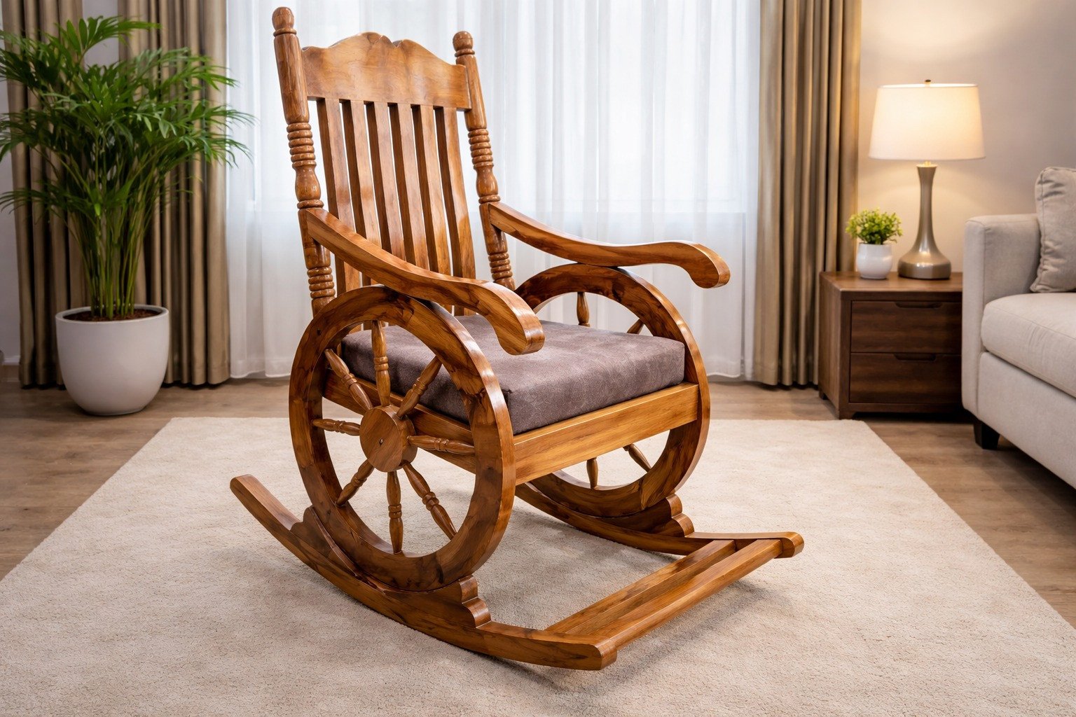 Grandmaster Teakwood Wheel-Arm Rocking Chair with Cushioned Seat
